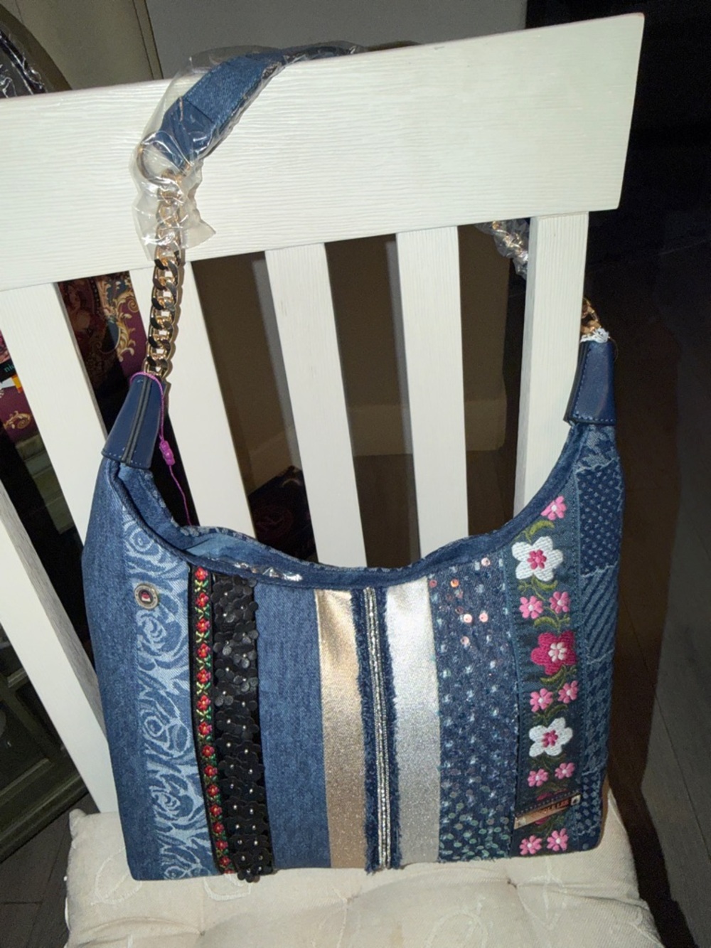 Denim Patchwork Shoulder Bag with Floral Embroidery